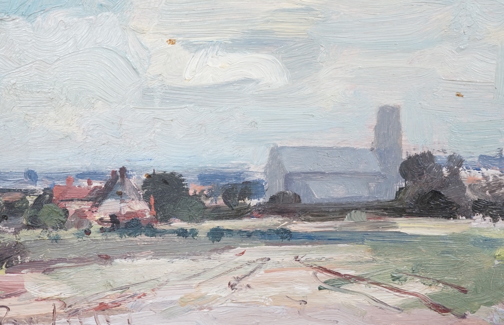 Roy Petley (b.1950), oil on board, Village scene, 14 x 22cm